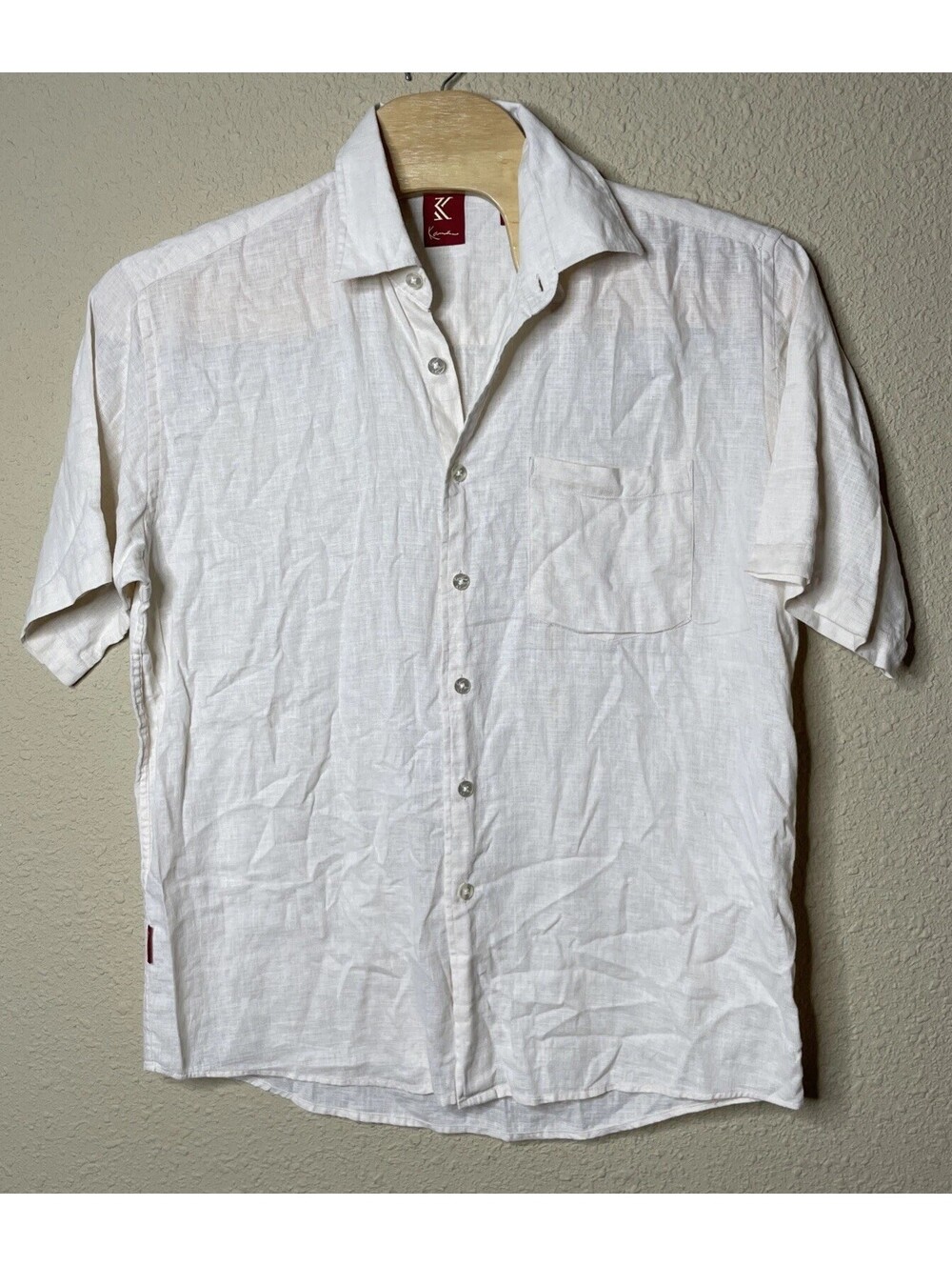Karl Kani Men's Linen-Blend Loose Fit Short Sleeve Shirt Size L Button Up Ivory